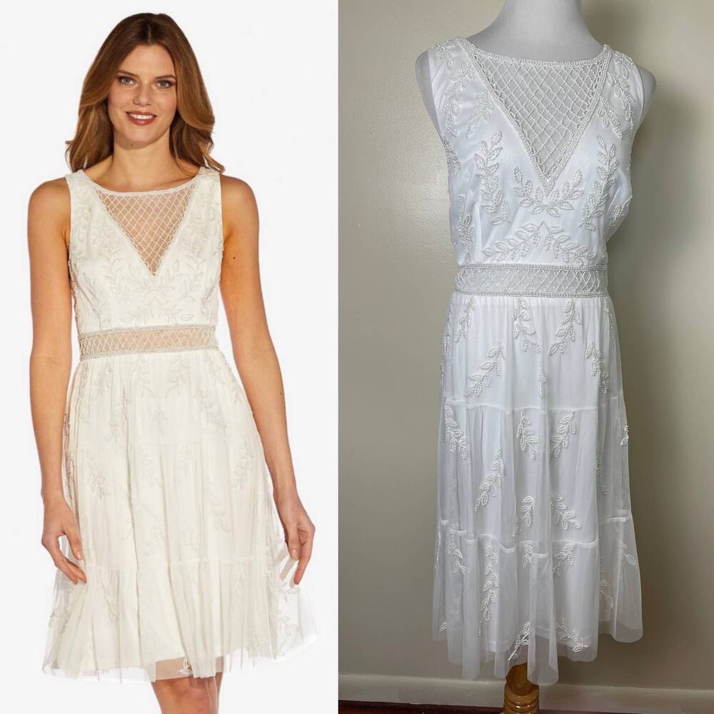 Adrianna Papell Beaded Short Tiered Ivory Special Occasion Dress Size 16 NEW!
